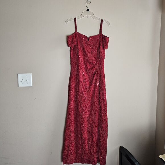 Candlelite NWT Lace Sequin Off The Shoulder Red Formal Cocktail Maxi Dress Large - Picture 2 of 8